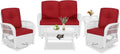 VIVIJASON 5-Piece Outdoor Patio White Wicker Conversation Sets, All Weather Outdoor Rattan Furniture Set Includes Glider Loveseat, 2 Coffee Table, 2 Swivel-Gliders Chairs with Cushions, Red