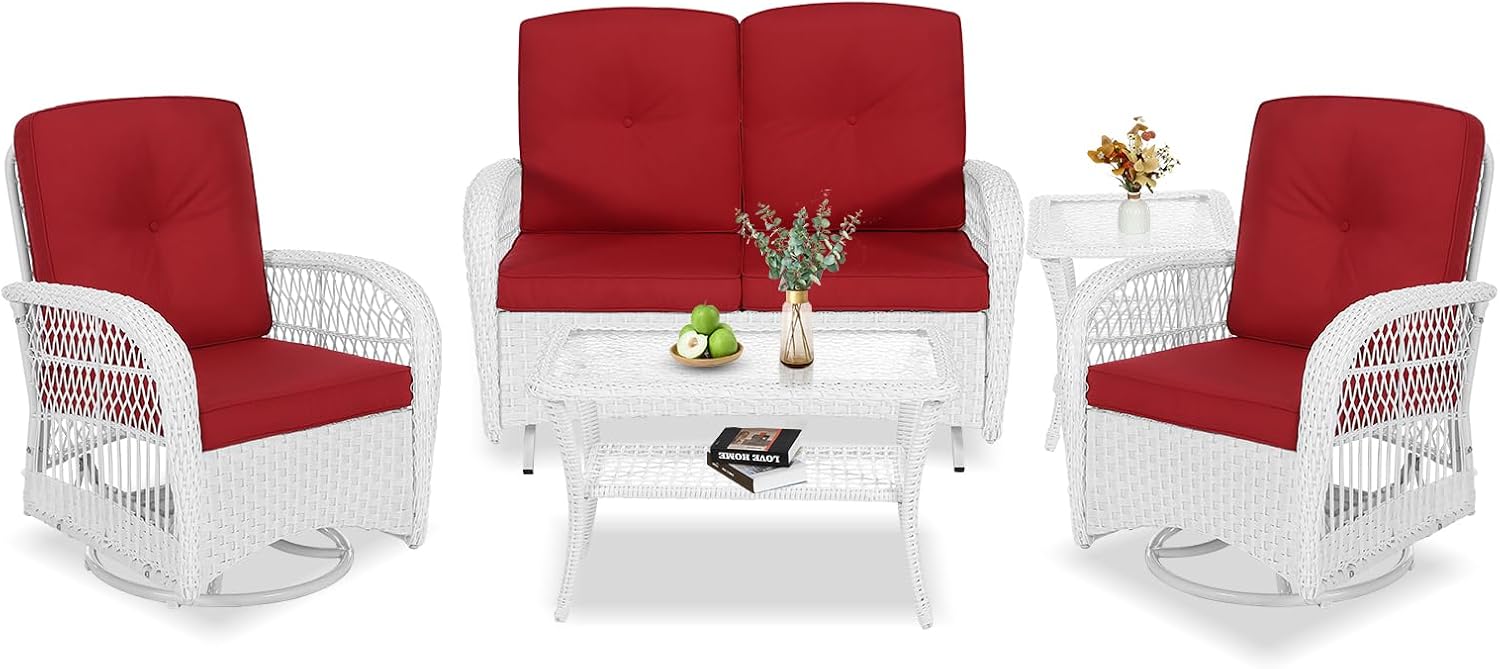 VIVIJASON 5-Piece Outdoor Patio White Wicker Conversation Sets, All Weather Outdoor Rattan Furniture Set Includes Glider Loveseat, 2 Coffee Table, 2 Swivel-Gliders Chairs with Cushions, Red