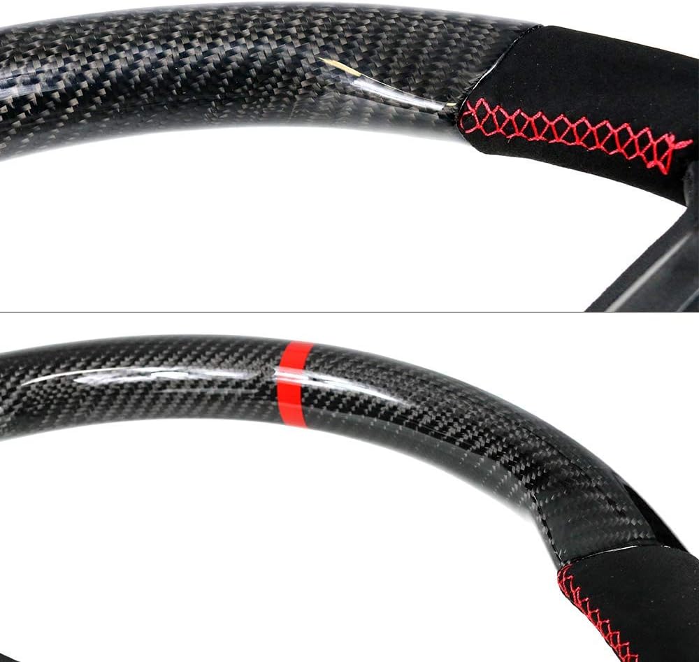 IKON MOTORSPORTS, Steering Wheel Compatible With 2010-2014 Ford Mustang, Black Carbon Fiber & Synthetic Suede Steering Wheel Brushed Kit With Red Stitching & Indicator, 2011 2012 2013