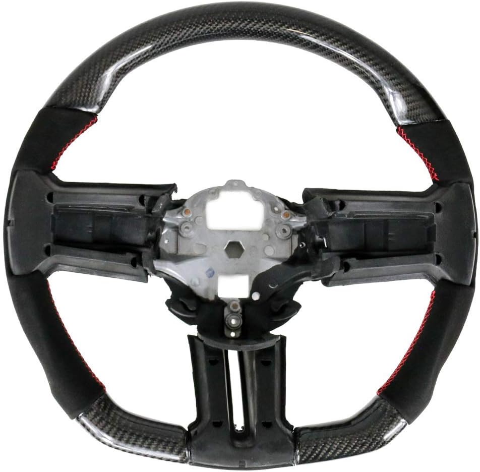 IKON MOTORSPORTS, Steering Wheel Compatible With 2010-2014 Ford Mustang, Black Carbon Fiber & Synthetic Suede Steering Wheel Brushed Kit With Red Stitching, 2011 2012 2013