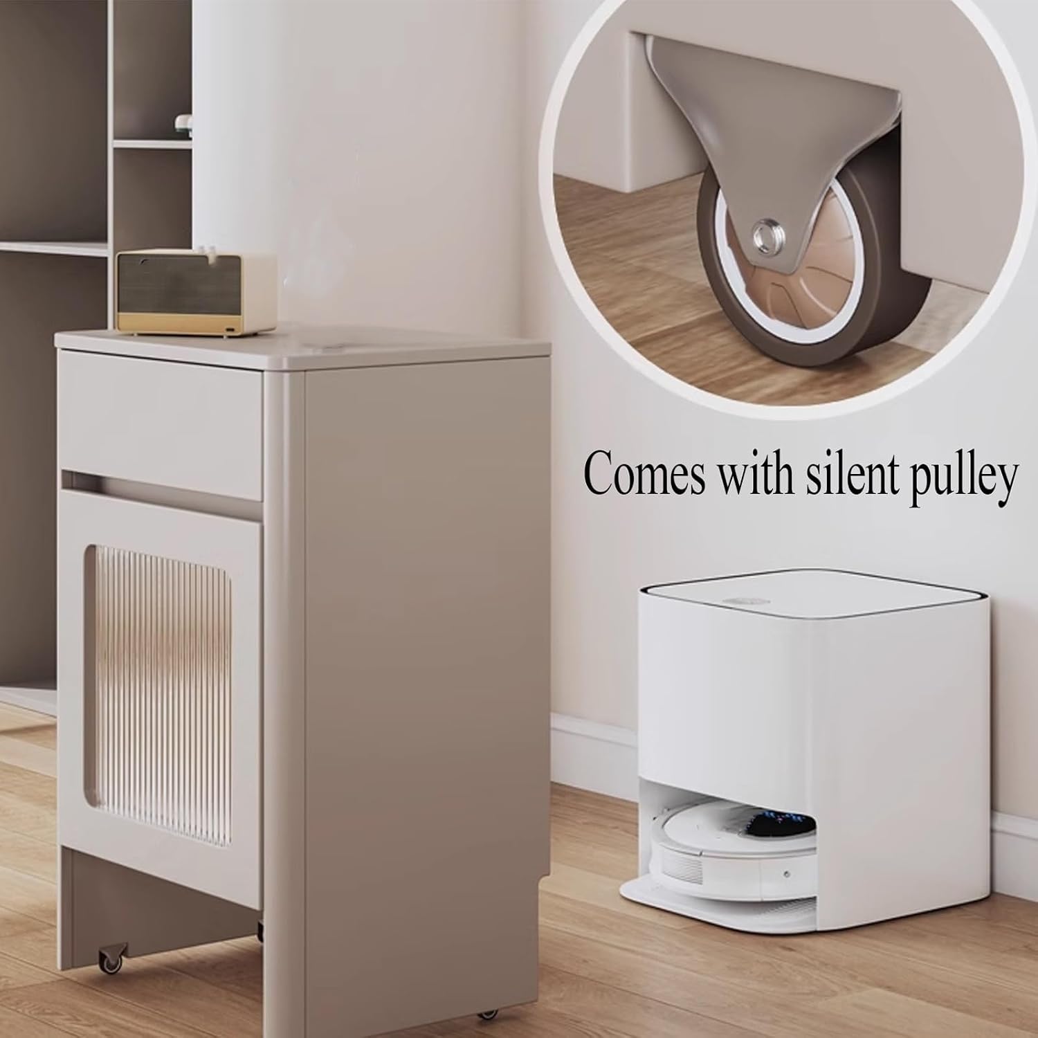 Wood Side Table with Drawer for Self Emptying Robot Vacuum Cleaner, Small Storage Cabinet with Wheels, Home Organizer 2-Door Freestanding Rack Space Saver(White)