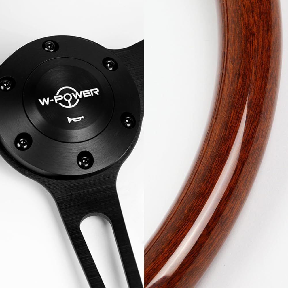 W-Power, 15' Reinforced 380mm 6 Bolt Hole Aluminum Finised Brown Wood Grain Trim Steering Wheel, Black Horn Button JDM Euro VIP Style, 3' Deep (Brown Wood Grain/Matt Black Spoke)