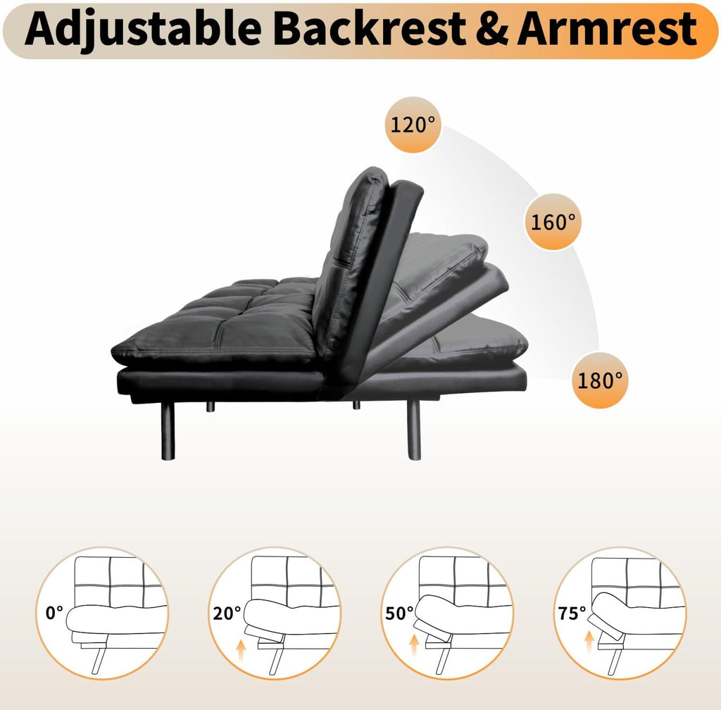 MUUEGM 71' Futon Sofa Bed, Modern Convertible Loveseat Sleeper, Faux Leather Couch with Adjustable Back & Arms for Small Spaces, Office & Apartment - Flat Black