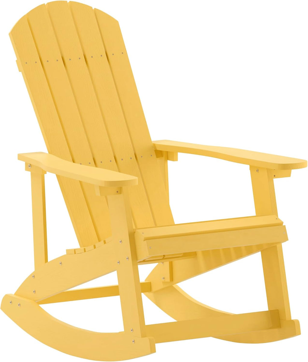 Flash Furniture Savannah Poly Resin Wood Adirondack Rocking Chair - All Weather Yellow Polystyrene - Stainless Steel Hardware