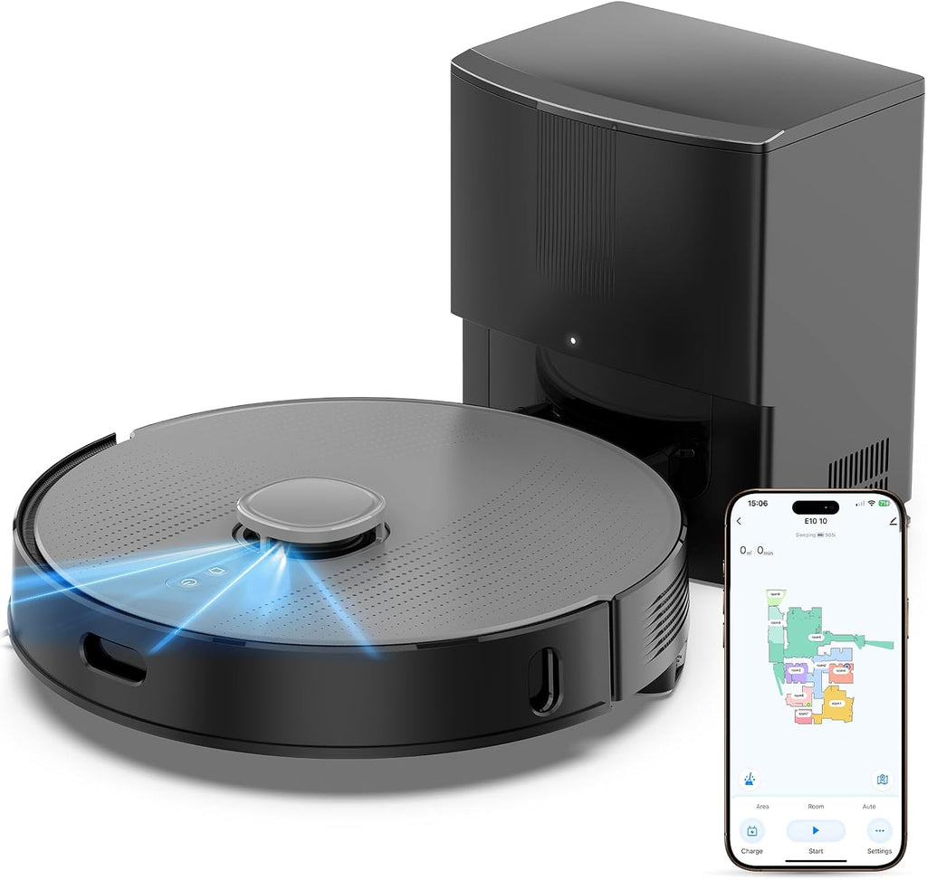 E10+GR Robot Vacuum and Mop with Self-Emptying, 8,000Pa Suction, 75-Day Hands-Free Cleaning, Lidar Navigation, No-Go Zone, Home Mapping, 2.4 GHz WiFi
