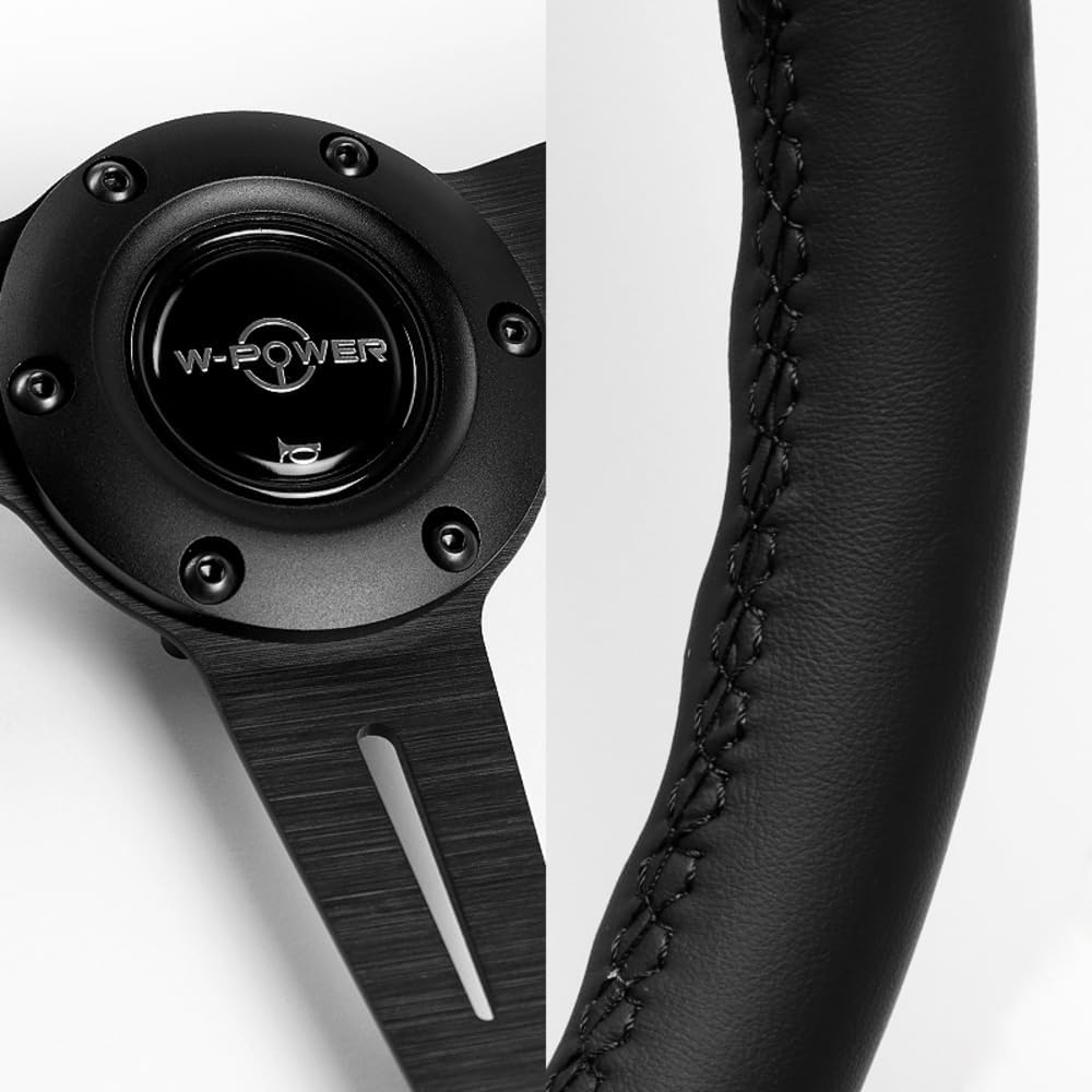 W-Power, 14' Universal 350mm 6 Bolt Hole Aluminum Polished 'Galaxy' Wood Grain Trim Steering Wheel, 3-Spoke, Black Horn Button JDM VIP Style (Black Leather Grip - Black Center)