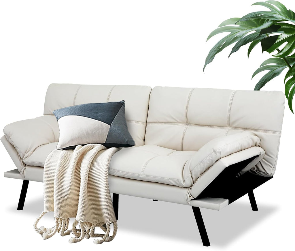 MUUEGM Futon Convertible Sofa Bed, Memory Foam Sleeper Couch,Modern Loveseat for Living Room,Adjustable Armrests Backrest Sofabed, White,Faux Leather.