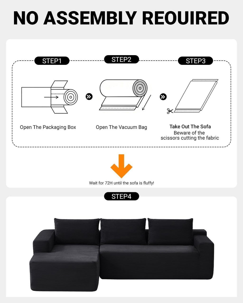 97' Cloud Couch Sectional, L Shaped Boneless Couch Sectional Couches for Living Room, Modern Comfy Corduroy Fluffy Modular Sofa with Deep Seat, No Assembly (Black, Left Facing Chaise)