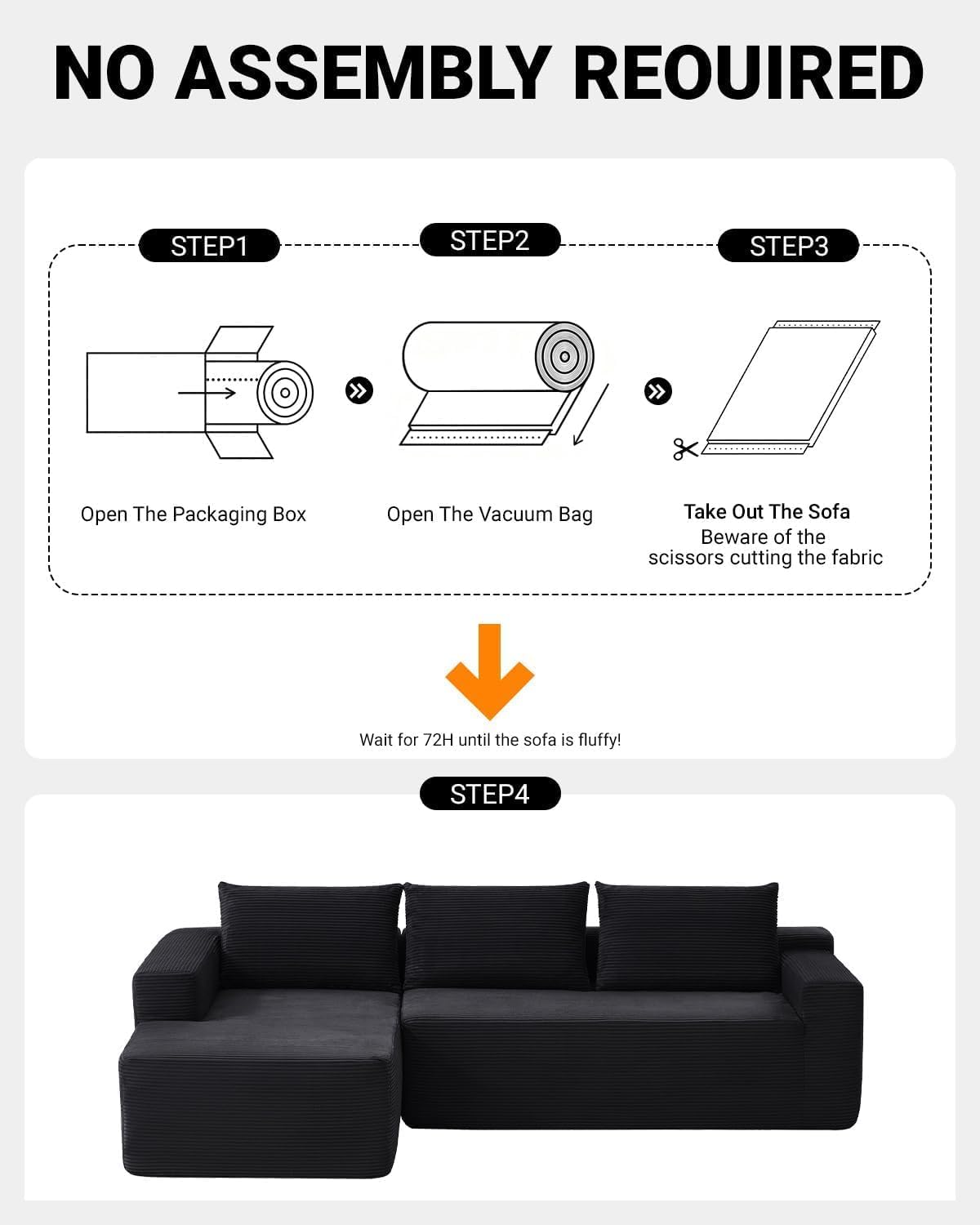 97' Cloud Couch Sectional, L Shaped Boneless Couch Sectional Couches for Living Room, Modern Comfy Corduroy Fluffy Modular Sofa with Deep Seat, No Assembly (Black, Left Facing Chaise)