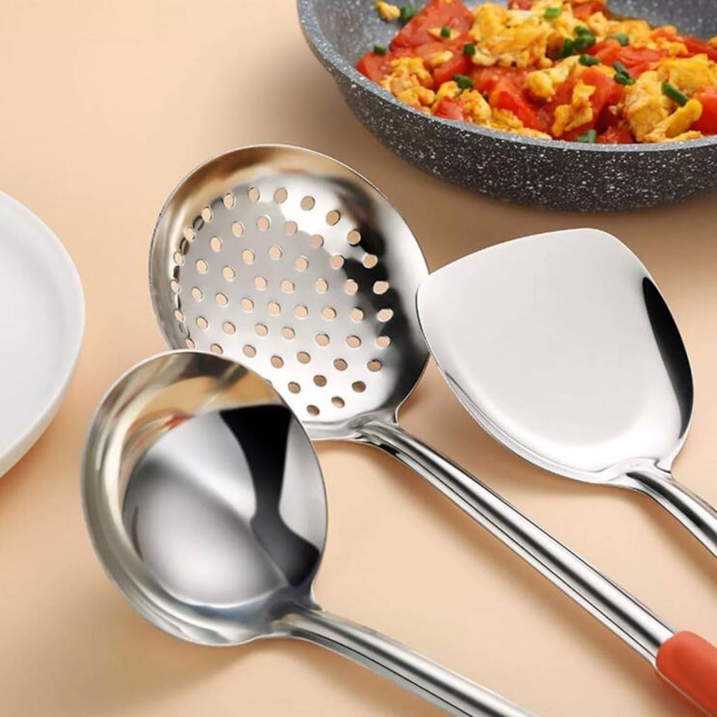 Stainless Steel Cooking Spatulas Spoons 6 Pieces Sets Cooking Utensils Draining Spoons Wood Gadgets (Size : Orange)