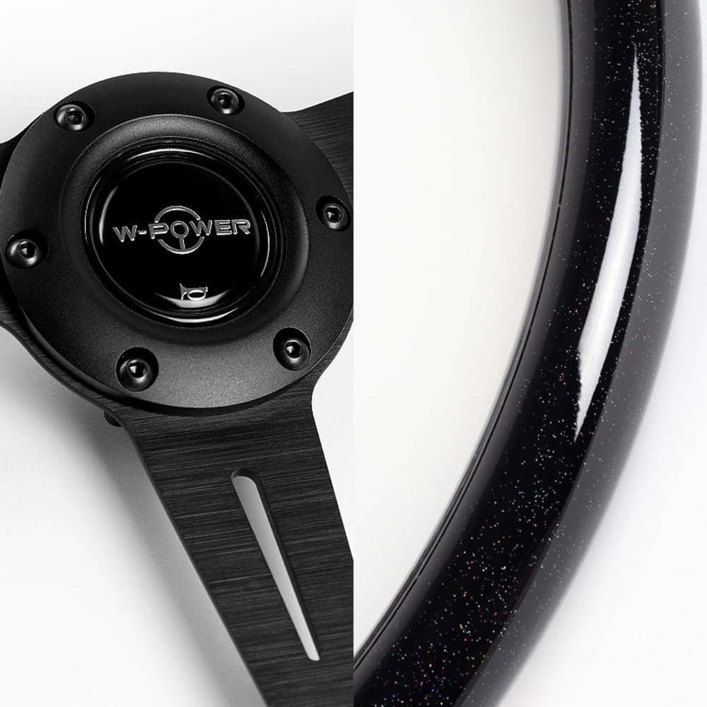 W-Power, 14' Universal 350mm 6 Bolt Hole Aluminum Polished 'Galaxy' Wood Grain Trim Steering Wheel, 3-Spoke, Black Horn Button JDM VIP Style (Black Sparkled Wood Grip - Black Center)