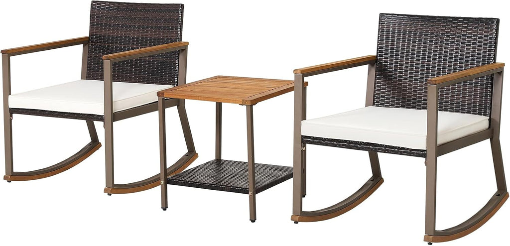 Outdoor Rocking Chair Set, 3 Pieces Patio Set Rocking Chair with Coffee Table & Cushions, Patio Wicker Furniture Set Outdoor Bistro Set for Balcony, Porch & Backyard (White)