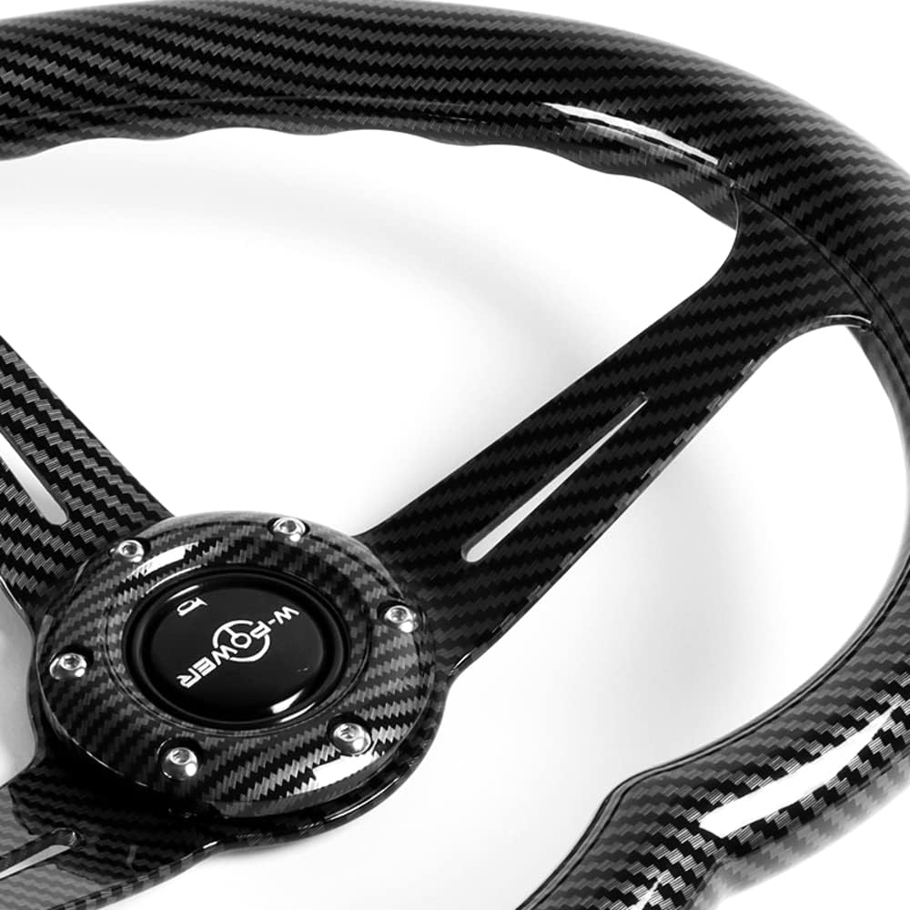 W-Power,13.5' Universal 343mm 6 Bolt Hole 3-Inche Deep Dish Aluminum Polished Heart-Shaped with Wood Grip Steering Wheel, Black Horn Button JDM Euro VIP Style, 3-Spoke (Carbon Black)