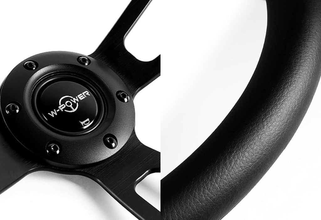 W-Power, 13.5' Universal 343mm 6 Bolt Hole 2.5 Inche Deep Dish Vintage Style with Aluminum Polished Black Leather Grip Steering Wheel, Black Horn Button, 3-Spoke