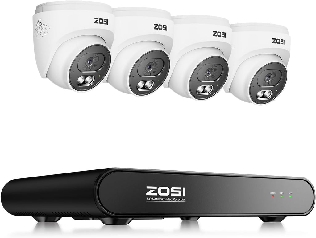 ZOSI C220 8CH 4MP QHD 2.5K PoE Home Security Camera System, 8CH 5MP 3K NVR with Smart AI Human Detection, 4 x 4MP(1440p) Dome IP Cameras Outdoor Indoor, Two-Way Audio (Hard Drive not Included)
