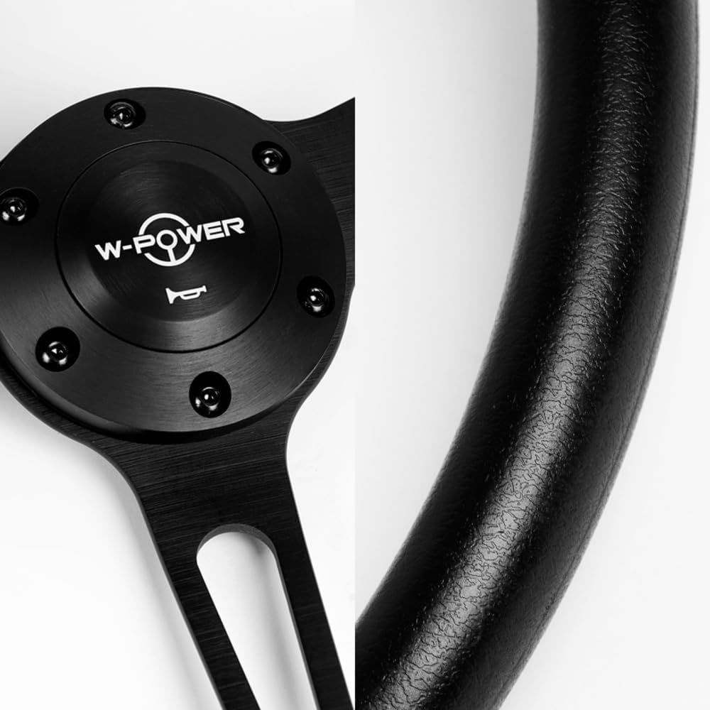 W-Power, 15' Reinforced 380mm 6 Bolt Hole Aluminum Finised Black Vinyl Wrap Trim Steering Wheel, Black Horn Button JDM Euro VIP Style, 3' Deep (Black Vinyl Wrap/Matt Black Spoke)
