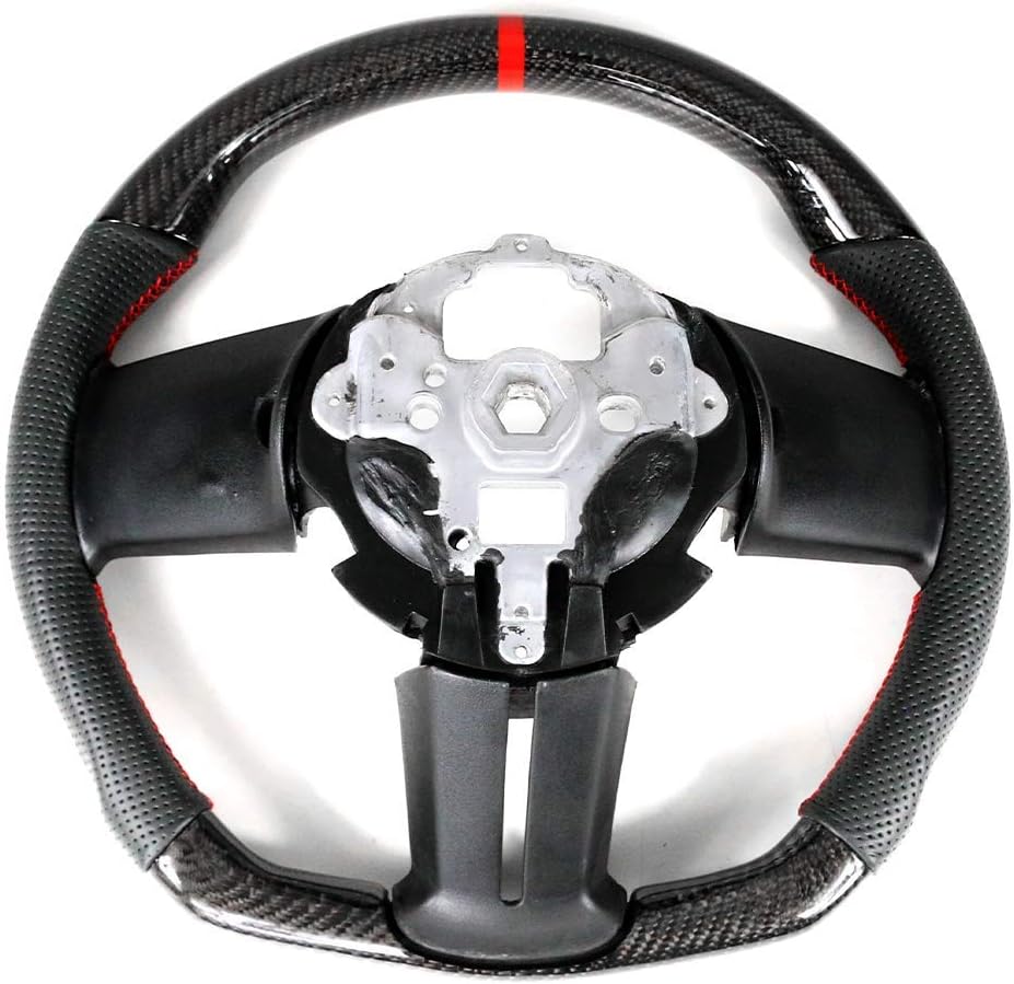 Compatible with 2010-2014 Ford Mustang, Steering Wheel with Red Stitching & Indicator, Black Carbon Fiber & Perforated Leather Steering Wheel Brushed Kit by IKON MOTORSPORTS