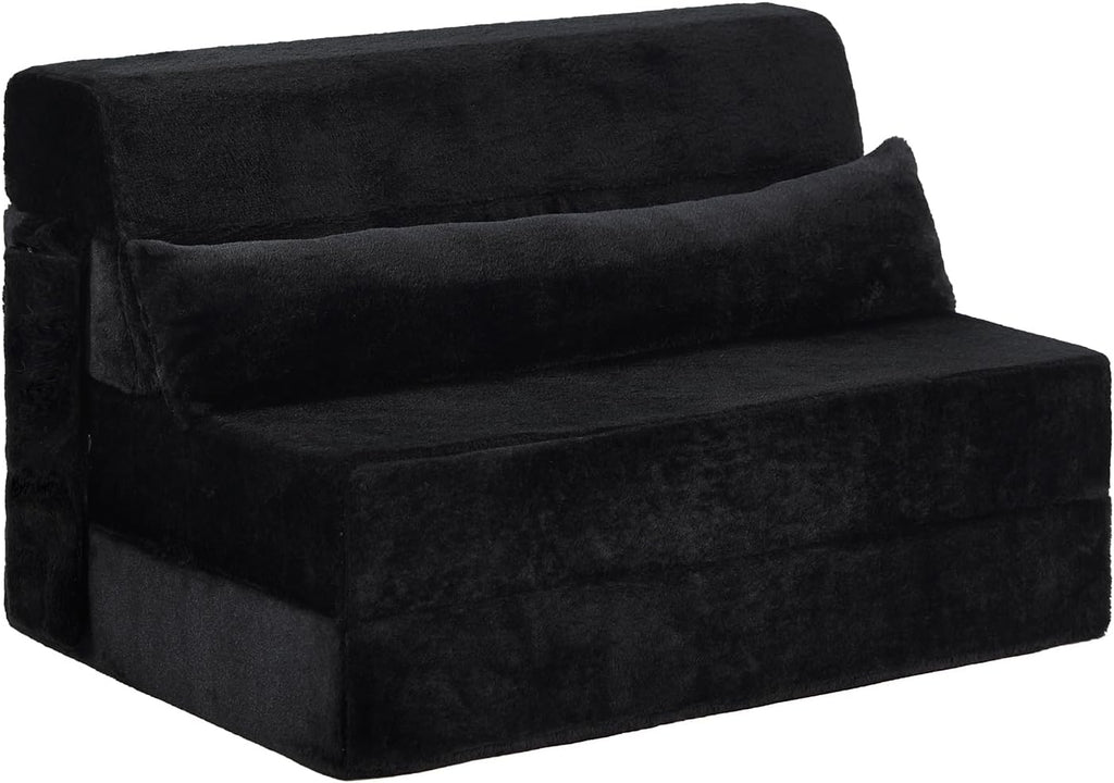 Tiita Convertible Folding Sofa Bed Twin Size for Adults with Pillow, Plush Fabric Floor Mattress Couch Bed, Washable Cover & Side Pocket, Guest Room, Dorm, Apartment, Living Room, Black