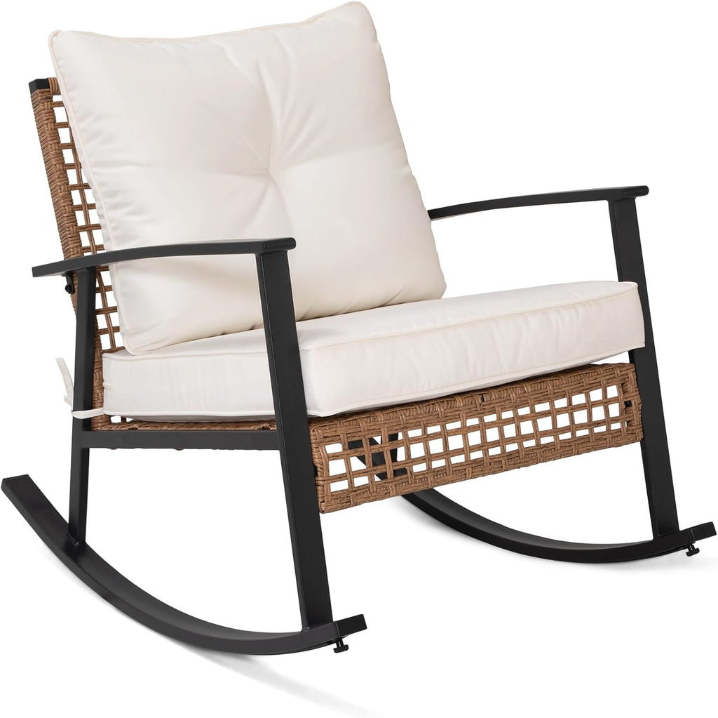 LAUSAINT HOME Outdoor Wicker Rocking Chair, Oversized Patio Chair Comfy Rocker Chair with Thick Cushion, Modern Cozy Lounge Chair for Living Room,Bedroom,Garden(Beige)
