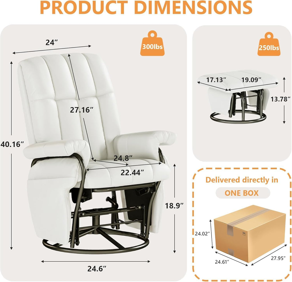 JIASTING 360° Swivel Leather Recliner Chair with Ottoman & Double Side Pockets, Nursing Glider Rocking Recliner Chair, Gliding Chairs for Nursery, Office, Living Room, Bedroom, Metal Frame (White)
