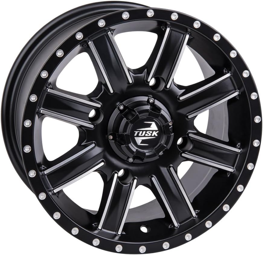 Tusk Racing Four 28x10-14 Tusk TERRABITE 8-Ply Radial UTV Tires mounted on Tusk CASCADE Wheels - For POLARIS applications - 4/156 bolt pattern - Includes Lug Nuts (5+2 Wheel Offset, Machined/Black)