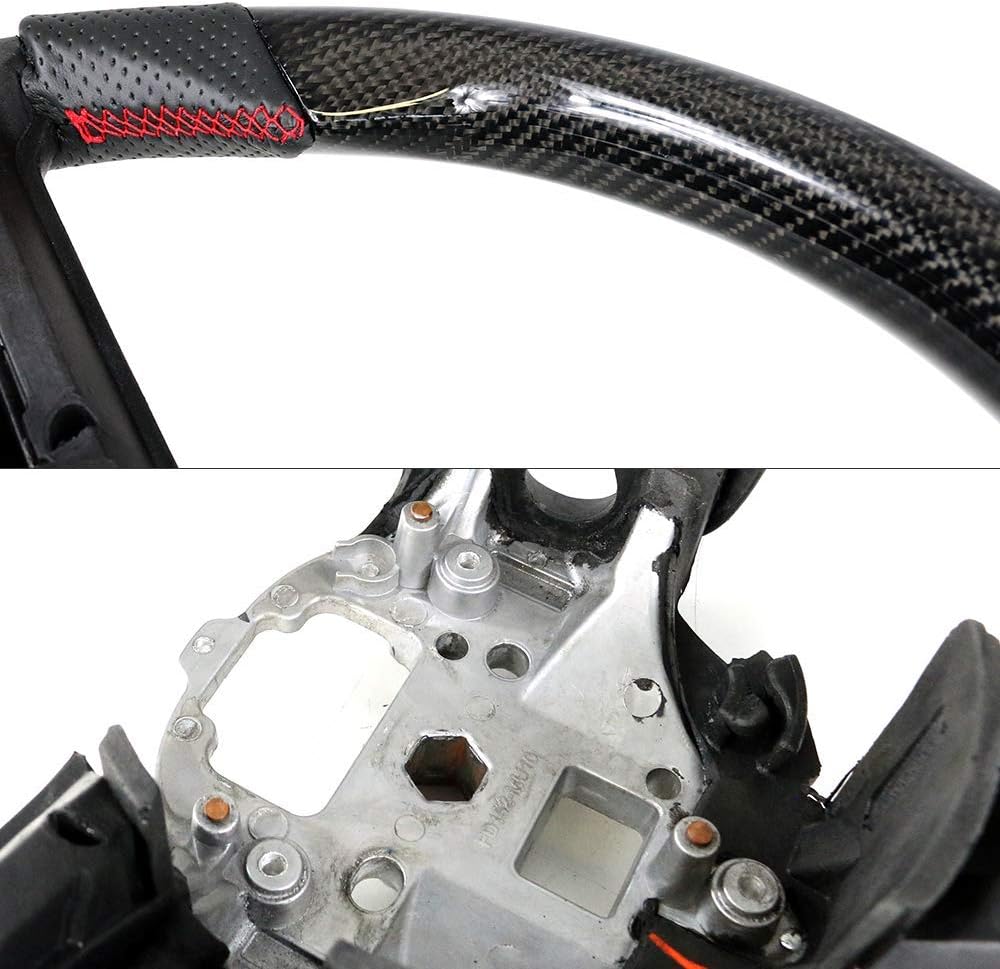 IKON MOTORSPORTS, Steering Wheel Compatible With 2010-2014 Ford Mustang, Black Carbon Fiber & Perforated Leather Steering Wheel Brushed Kit With Red Stitching, 2011 2012 2013