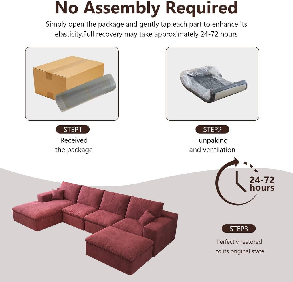136.6'' U-Shaped Modern Modular Sectional Cloud Couch Whit Ottoman, 4-Seat Chenille Deep-Seat Sofa with Pillow for Living Room, Bedroom, Apartment, Wine Red