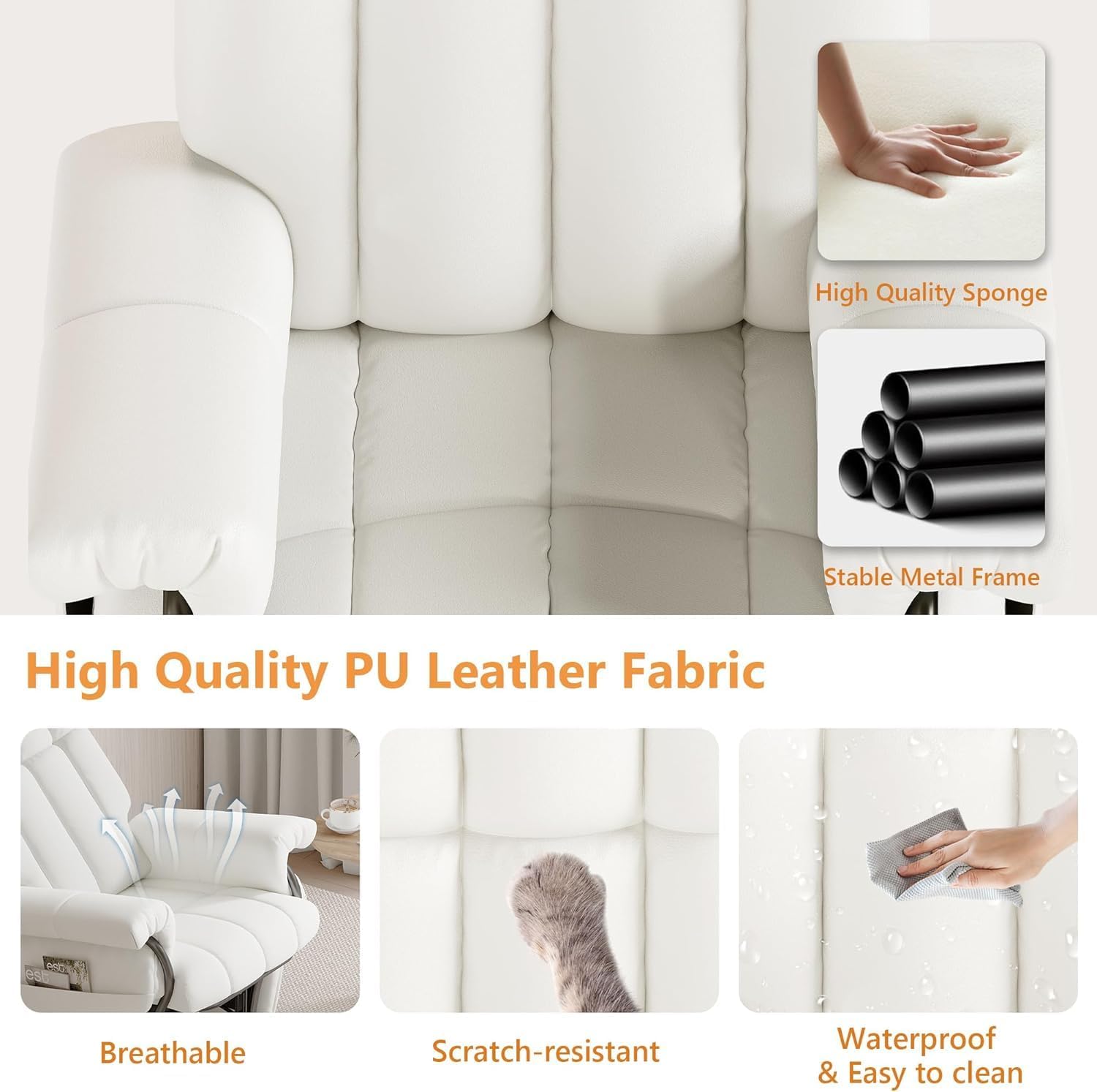 JIASTING 360° Swivel Leather Recliner Chair with Ottoman & Double Side Pockets, Nursing Glider Rocking Recliner Chair, Gliding Chairs for Nursery, Office, Living Room, Bedroom, Metal Frame (White)