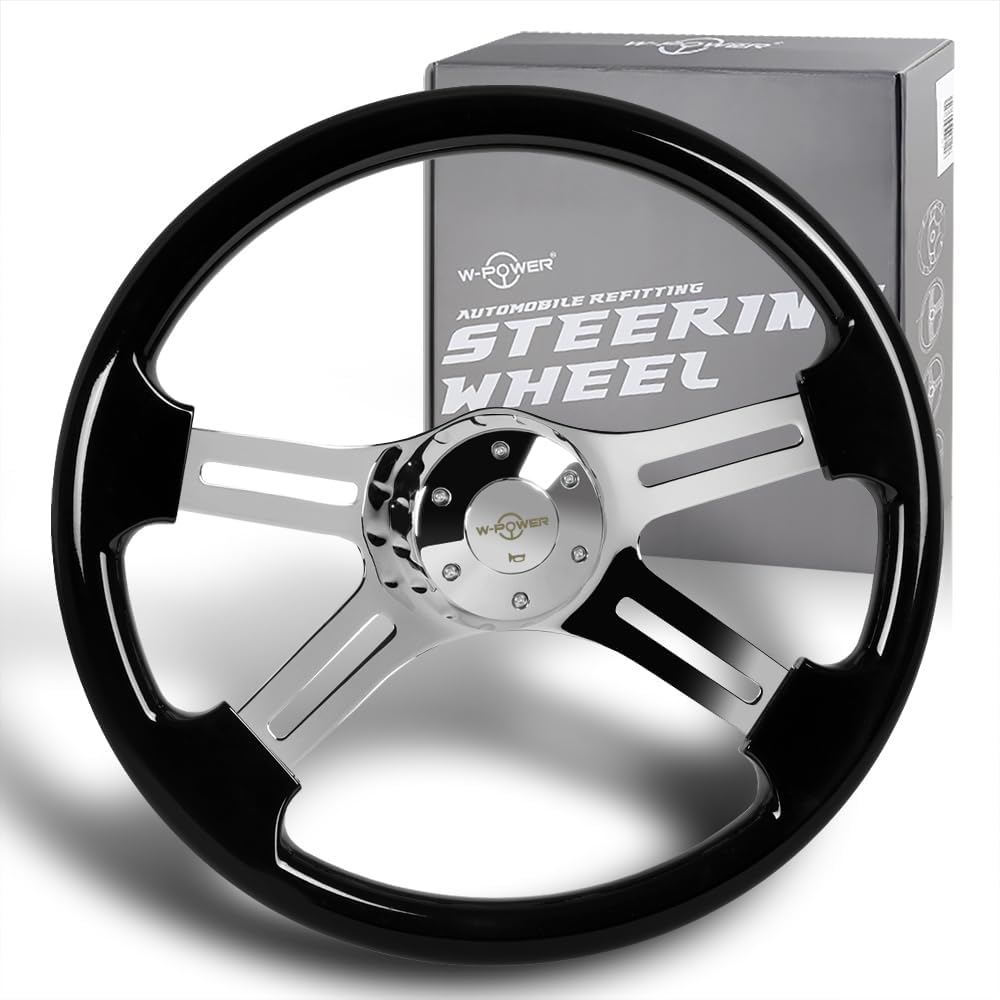 W-Power, 18' Universal 457mm 5 Bolt Hole 2 Inches Deep with Aluminum Polished Vintage Style Wood Grip Steering Wheel, Chrome Horn Button, 4 Spoke (Black Wood Grip/Chrome Spoke)