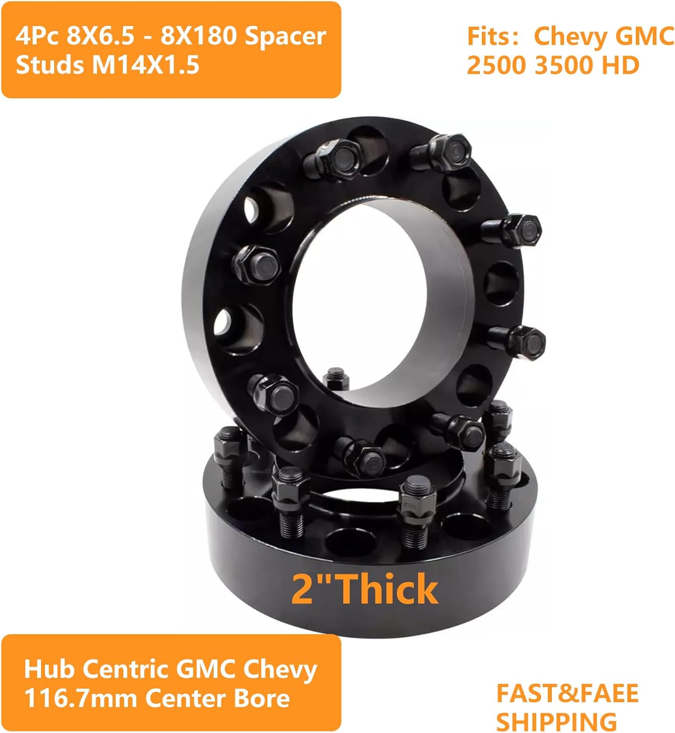 2PCS 8x6.5 to 8x180 Wheel Adapters, 2 inch 8x165mm to 8x180 Wheel Spacer Adapters 116.7mm Hub Centra Bore with M14x1.5 Thread Pitch for 1999-2010 Silverado Sierra 2500 3500 HD, 2014-2023 Ram 2500 3500