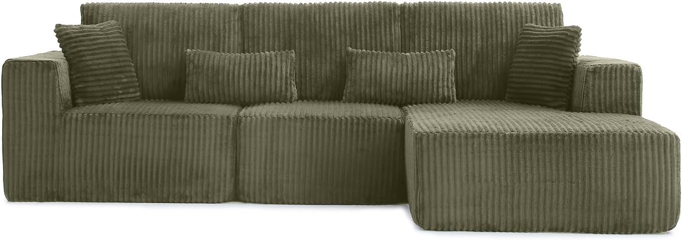 110' Cloud Couch Sectional, L Shaped Boneless Couch Sectional Couches for Living Room, Modern Comfy Corduroy Fluffy Modular Sofa with Deep Seat, No Assembly (Green, Right Facing Chaise)