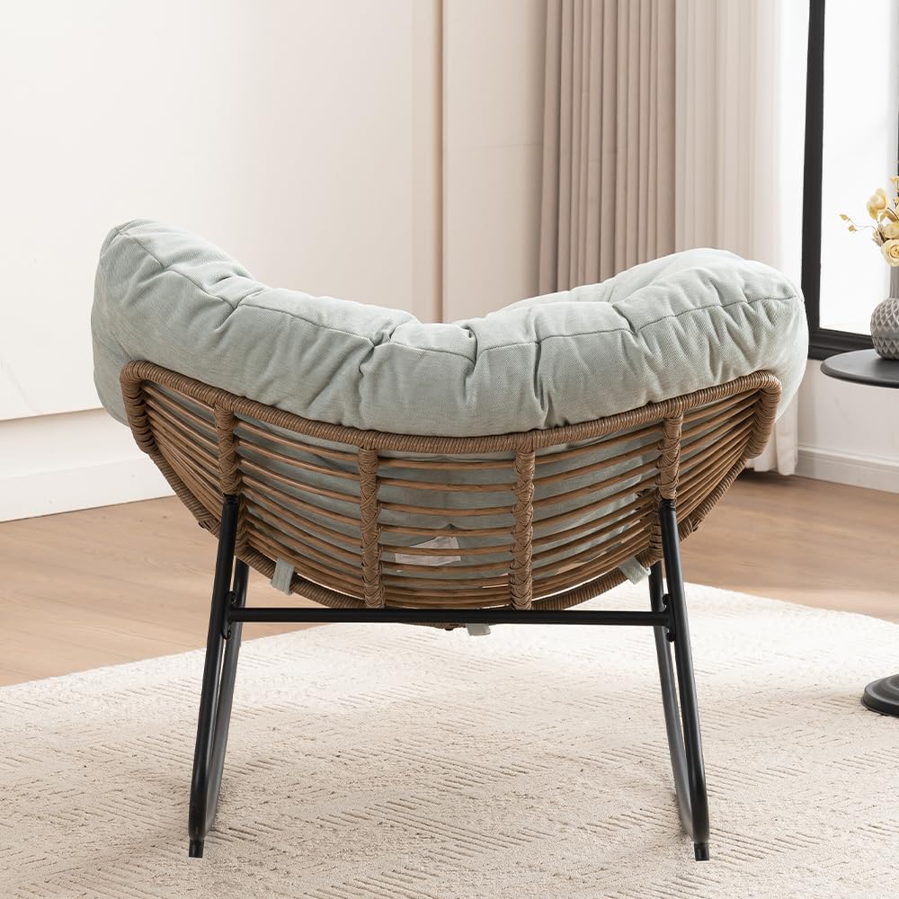 Outdoor Papasan Chair, Oversized Rocking Chair with Cushion and Metal Frame, Patio Lounge Rocking Chair for Balcony Backyard Porch Bedroom Living Room (Light Blue)