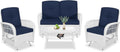 VIVIJASON 4-Piece Outdoor Patio White Wicker Conversation Sets, All Weather Rattan Furniture Set Includes Glider Loveseat, Coffee Table, 2 Glider Rocker Chairs w/Cushion for Lawn Balcony, Navy Blue