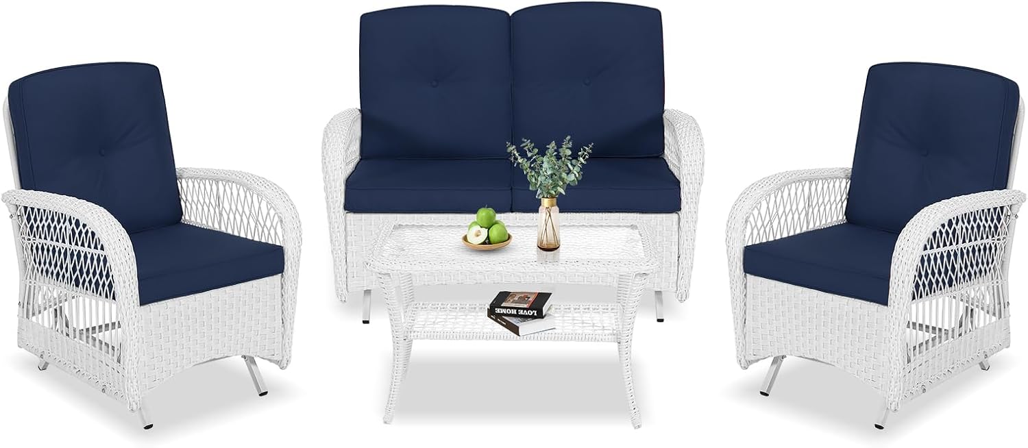 VIVIJASON 4-Piece Outdoor Patio White Wicker Conversation Sets, All Weather Rattan Furniture Set Includes Glider Loveseat, Coffee Table, 2 Glider Rocker Chairs w/Cushion for Lawn Balcony, Navy Blue
