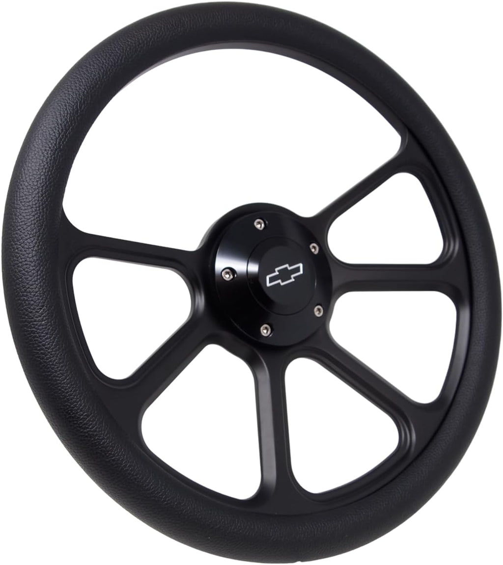 14' Universal Steering Wheel Aluminum Black 5-Bolt 350mm Black Vinyl Wrap Chevy Horn Button 3-Spoke