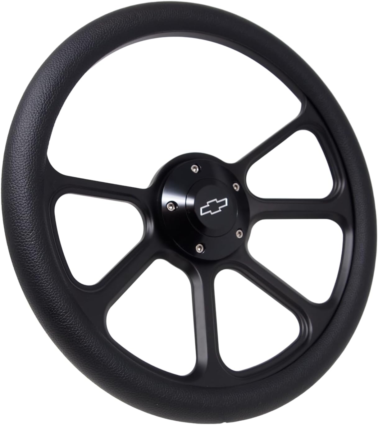 14' Universal Steering Wheel Aluminum Black 5-Bolt 350mm Black Vinyl Wrap Chevy Horn Button 3-Spoke