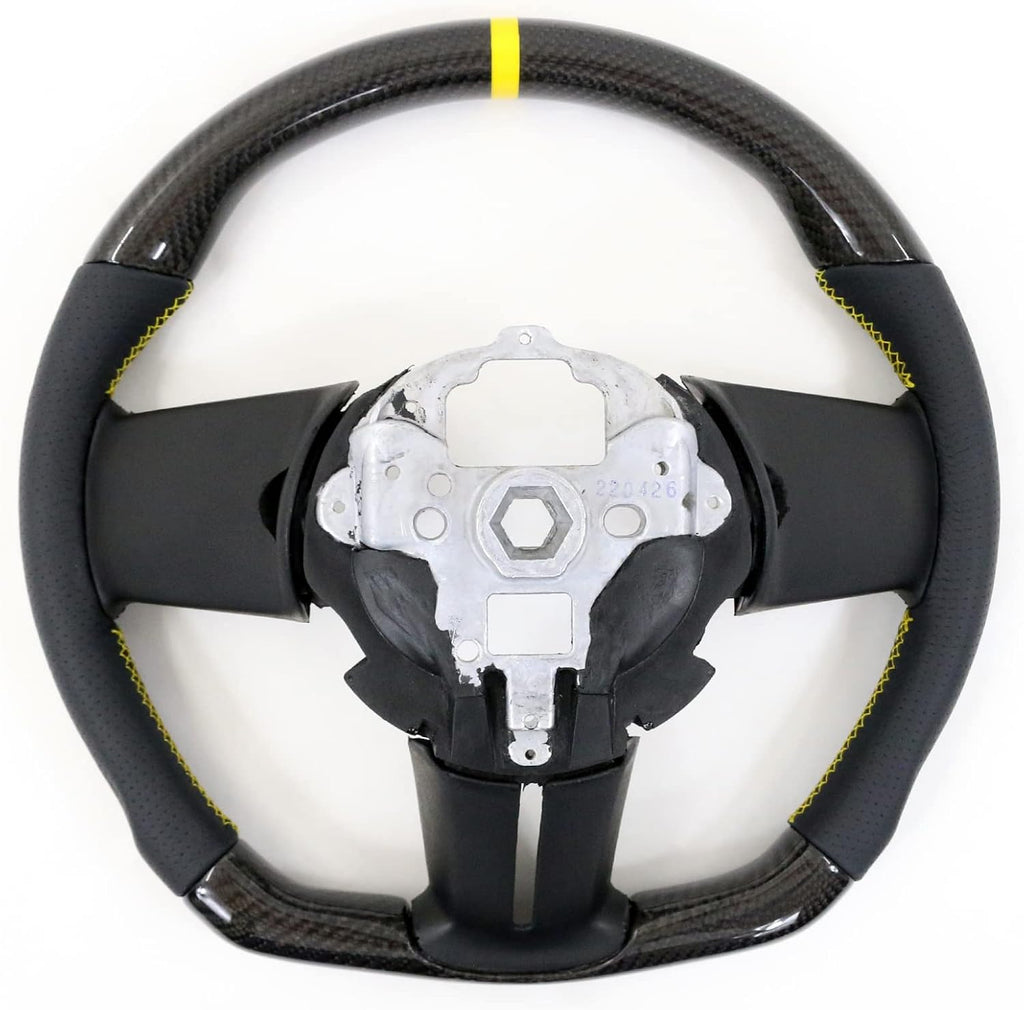 IKON MOTORSPORTS, Steering Wheel Compatible with 2010-2014 Ford Mustang, Steering Wheel Bodykit Replacement Carbon Fiber & Leather Yellow Stitch & Indicator, 2011 2012 2013
