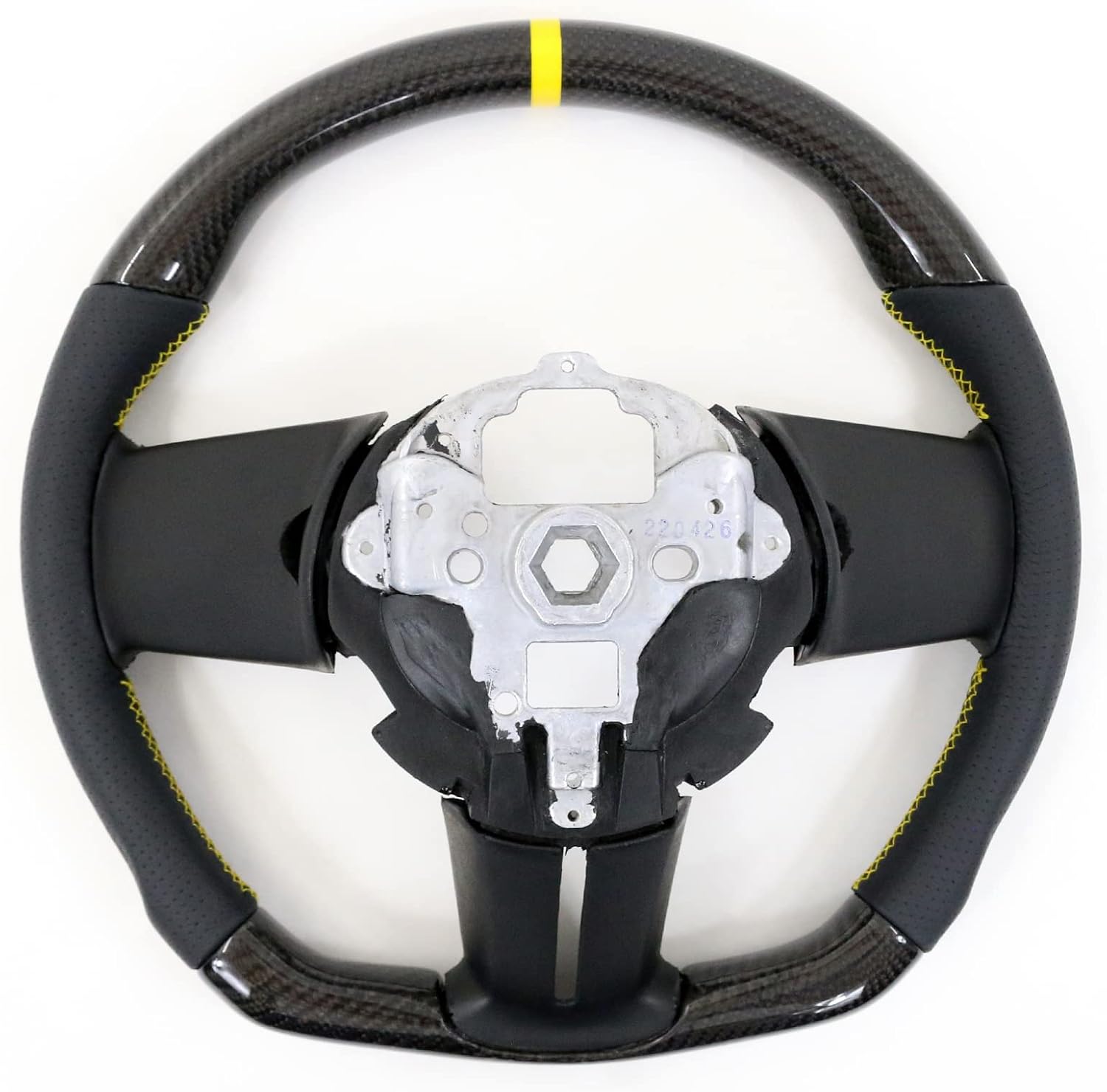 IKON MOTORSPORTS, Steering Wheel Compatible with 2010-2014 Ford Mustang, Steering Wheel Bodykit Replacement Carbon Fiber & Leather Yellow Stitch & Indicator, 2011 2012 2013
