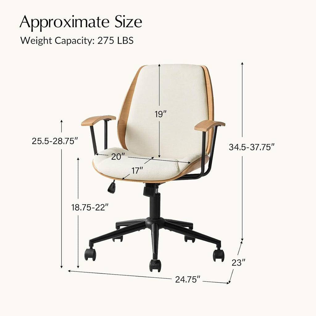 HULALA HOME Solid Wood Office Chair with Rocking Function, Comfy Fabric Desk Chair with Bent Wood and Metal Base, Height Adjustable Swivel Computer Task Chair, Ivory