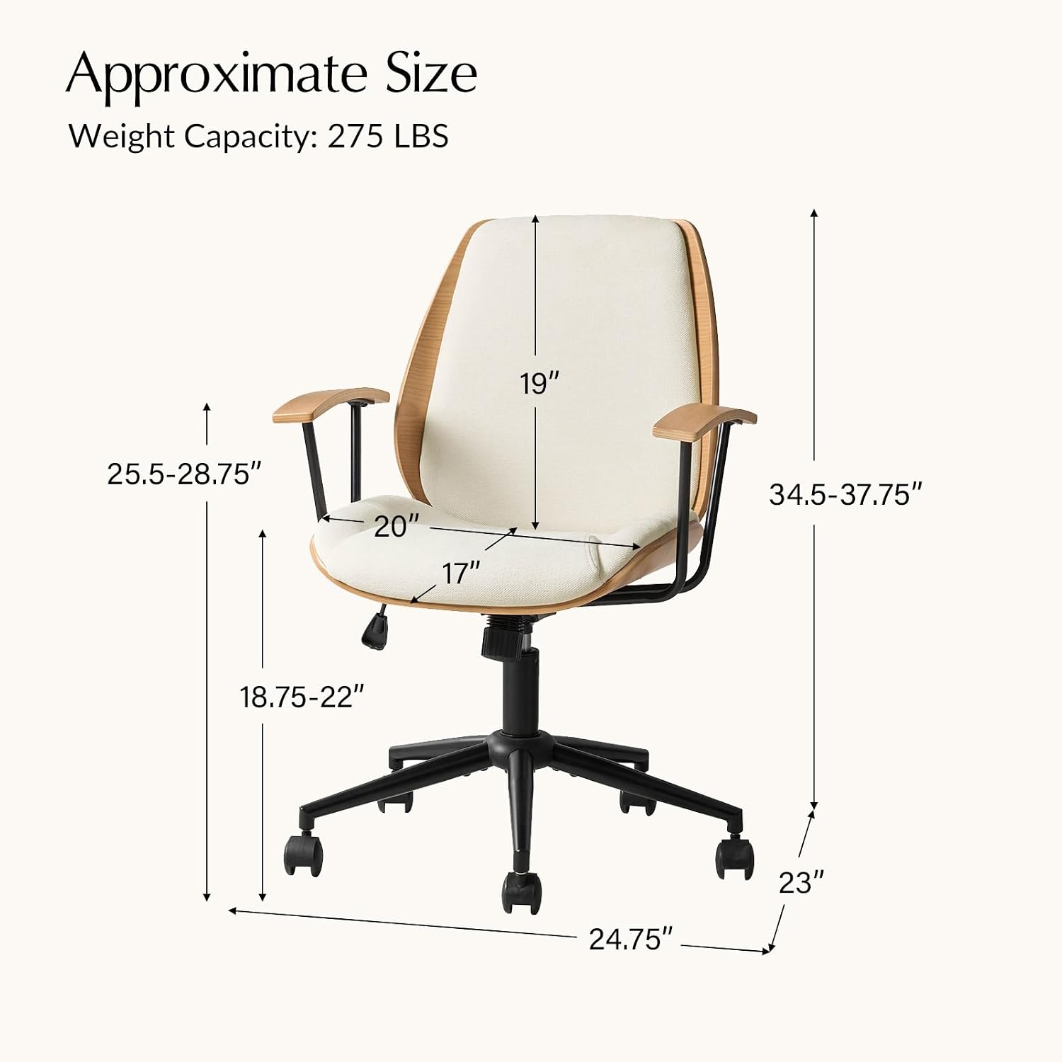 HULALA HOME Solid Wood Office Chair with Rocking Function, Comfy Fabric Desk Chair with Bent Wood and Metal Base, Height Adjustable Swivel Computer Task Chair, Ivory