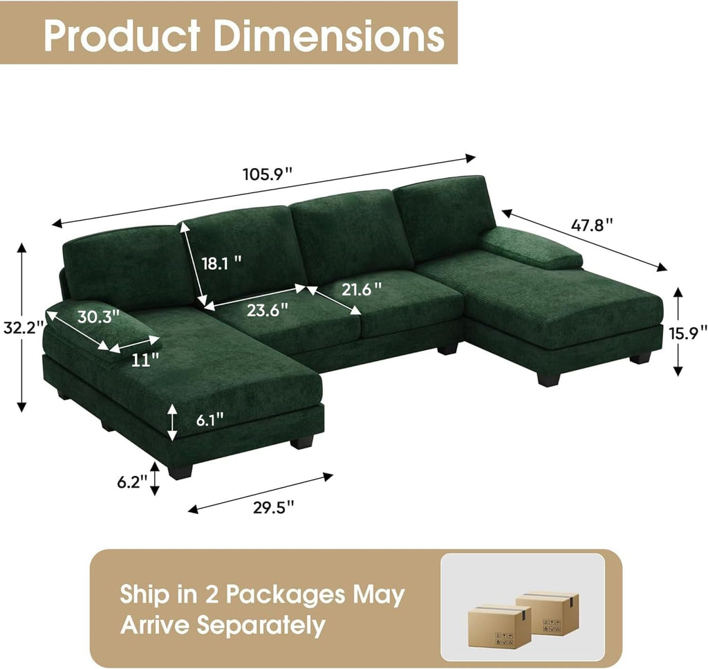 Furniwell Convertible Sectional Sofa Couch, 4 Seat Sofa Set for Living Room U-Shaped Modern Fabric Modular Sofa Sleeper with Double Chaise & Memory Foam (Fabric, Dark Green)