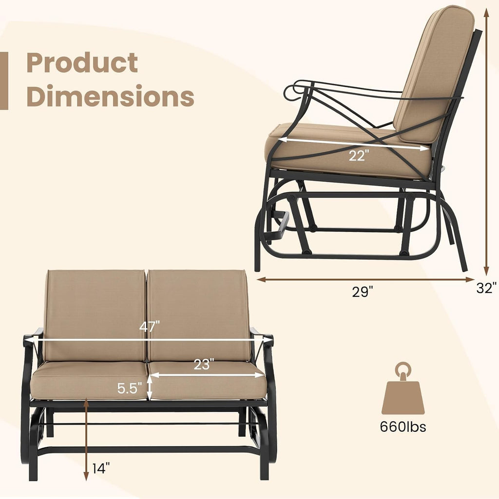 Tangkula Patio Glider Bench, 2-Person Swing Gliding Loveseat with Breathable Fabric Seat & Soft Cushions, 660 LBS Metal Frame Outdoor Rocking Chair for Porch, Poolside, Backyard