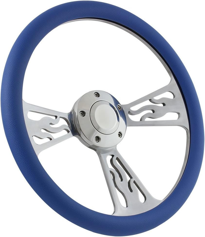 Flame Steering Wheel 5-bolt 14 Inch Aluminum with Sky Blue Wrap and Horn