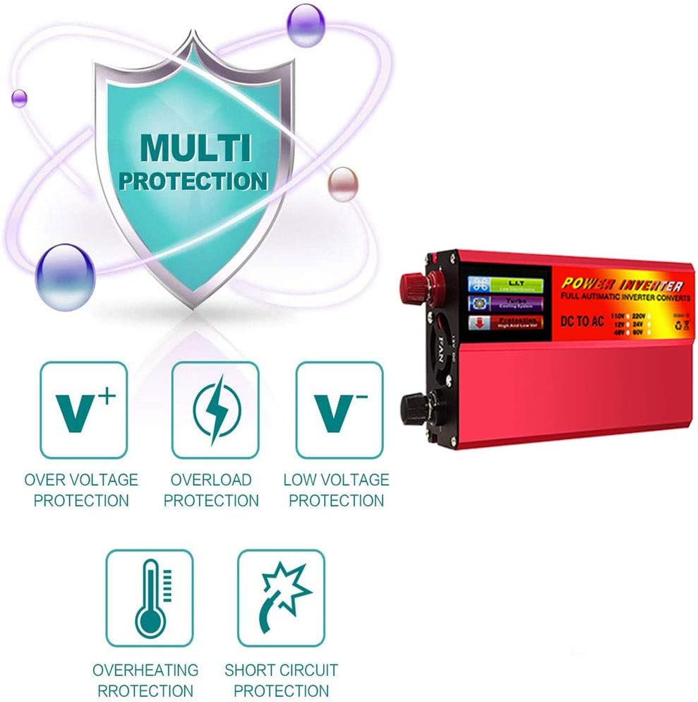Solar Power Converter 500W/1000W/2000W/3000W DC 12V/24V to AC 110V/220V Modified Sine Wave Inverter with Outlets 1 USB Port and Digital Display,12v to 220v,500W