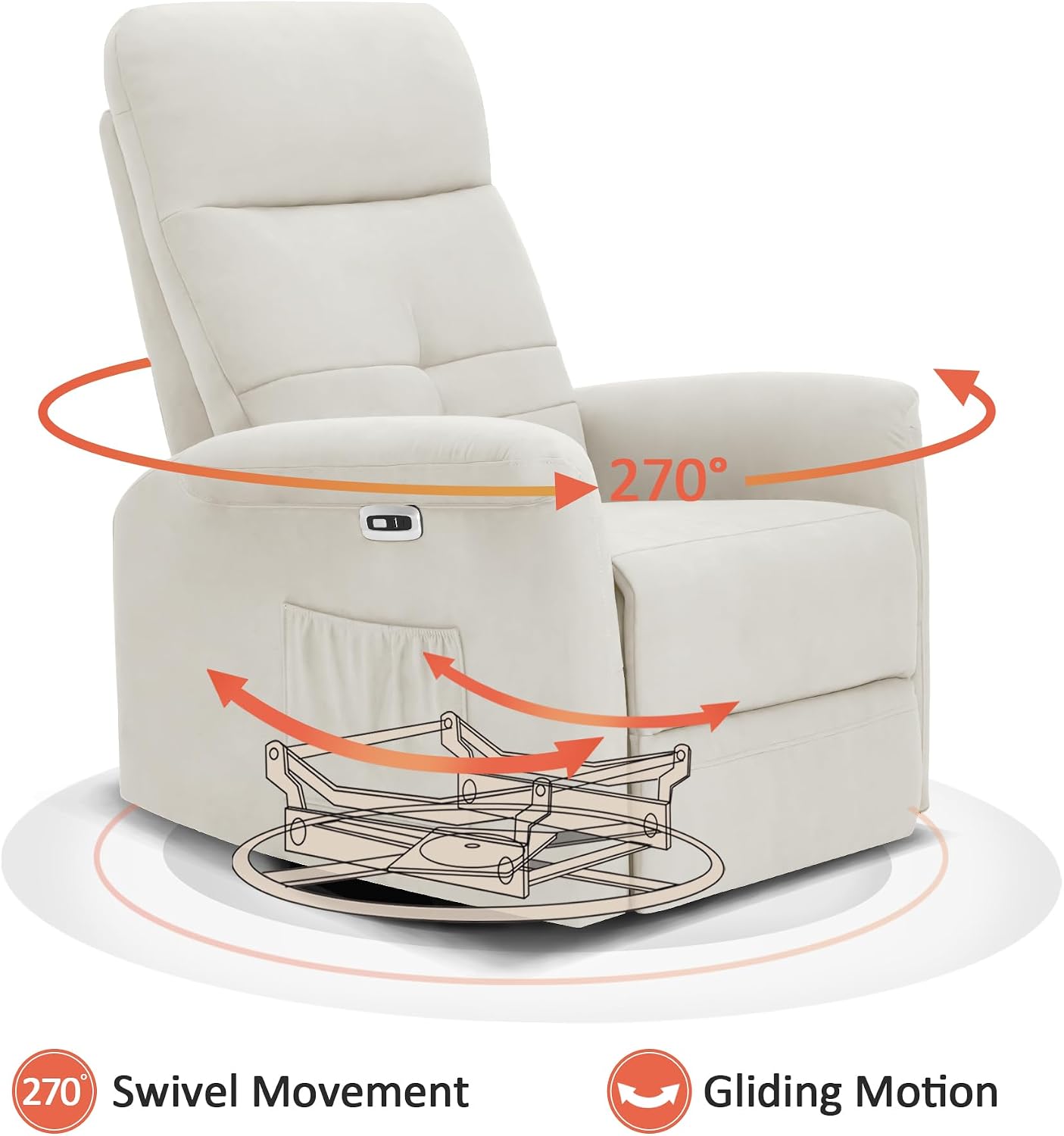 MCombo Power Swivel Glider Recliner Chair, Electric Rocker Recliner Chairs with USB Charging Ports for Living Room and Nursery, Fabric 7763 (Cream White)