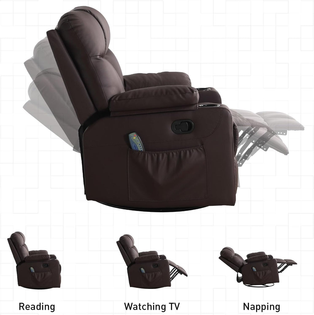 Bonzy Home Swivel Rocker Recliner with Heating and Massage, 40' Manual Rocker Recliner Chair, PU Leather Single Sofa with 2 Cup Holders for Living Room Bedroom, Brown