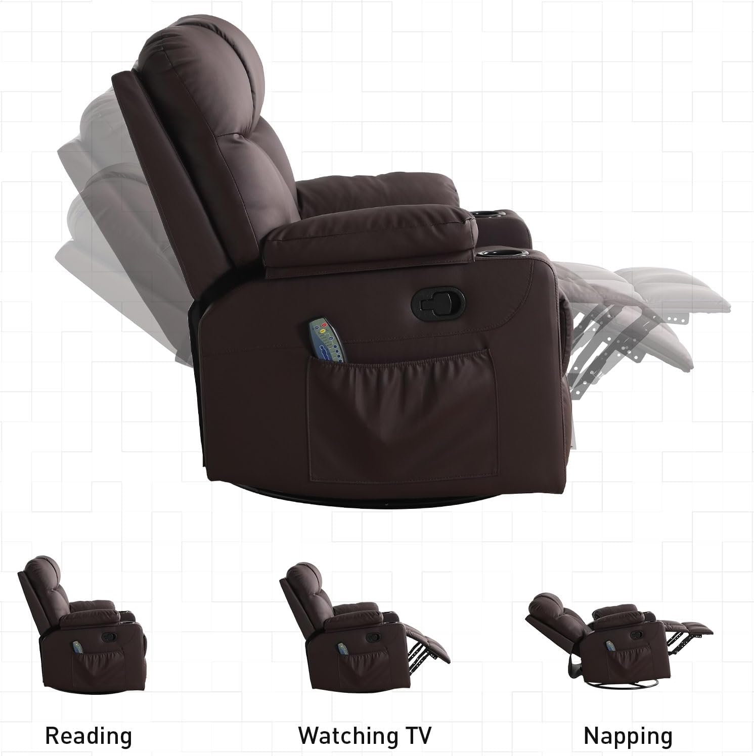 Bonzy Home Swivel Rocker Recliner with Heating and Massage, 40' Manual Rocker Recliner Chair, PU Leather Single Sofa with 2 Cup Holders for Living Room Bedroom, Brown