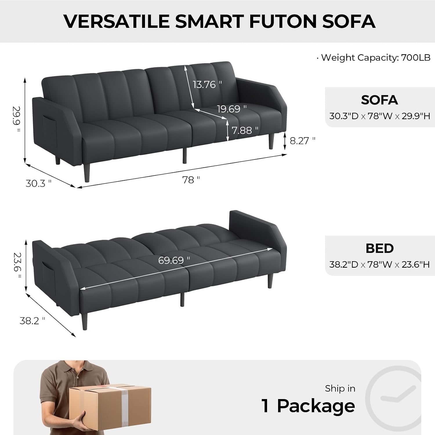 COPIAE Faux Leather Sofa Bed, 78' Futon Sofa Bed, Adjustable Futon Set Backrest, Sleeper Sofa Couch, Modern Decor Love Seat Couches, Upholstered Couch for Living Room, Bedroom, Dark Gray