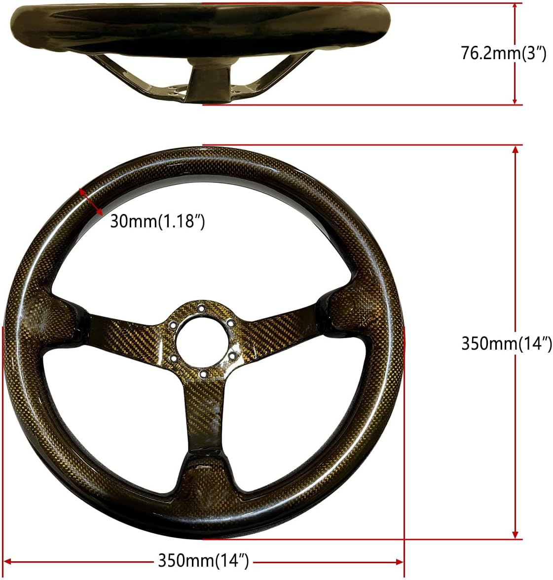 Universal 14in Real Carbon Fiber Steering Wheel Yellow (001Y) | 3' Depth, hard and lightweight ,6 Holes JDM