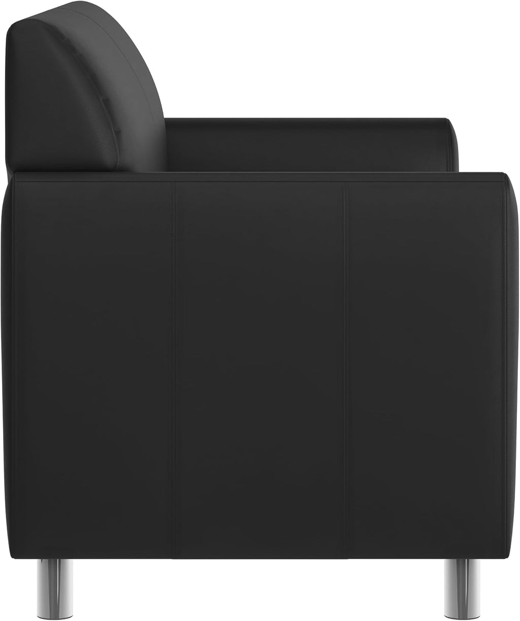 Flash Furniture Hercules Diplomat Side Reception Loveseat with Chrome Legs, Lobby Chair with Cushions and Flared Arms, Black LeatherSoft